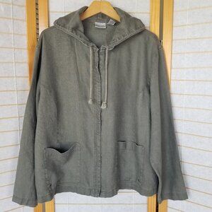 Chico's Jacket Army Green Zip Up 100% Linen Hooded Relaxed Fit Size 3/XL